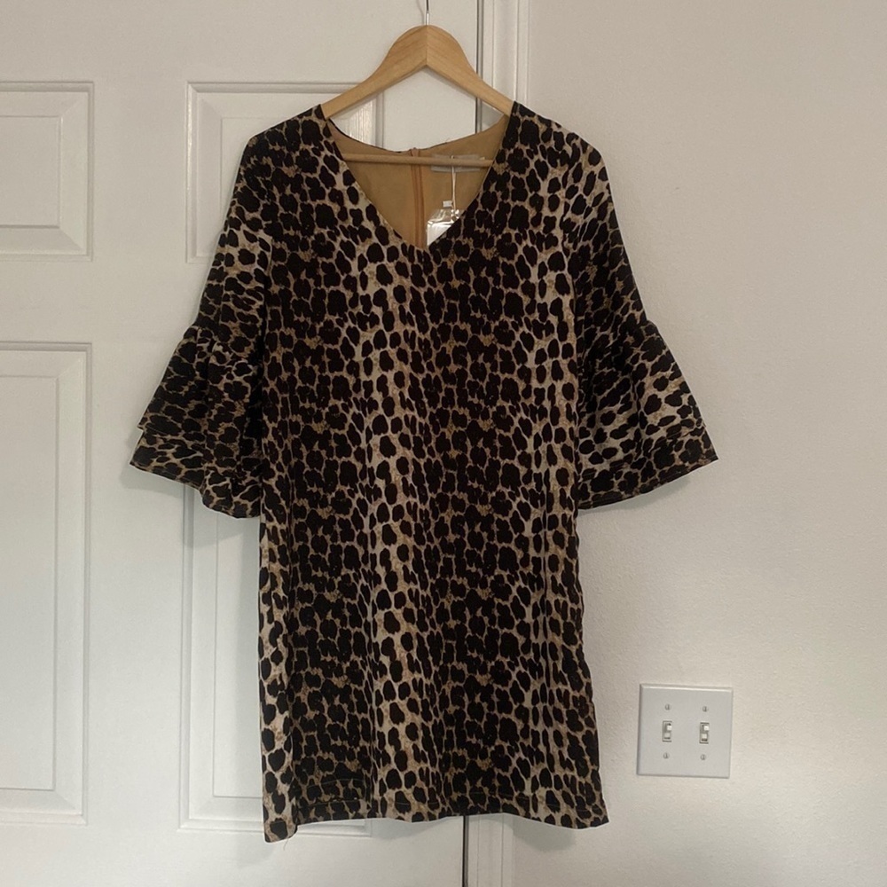 Belongsci NWT animal print shift dress with plumage sleeves.